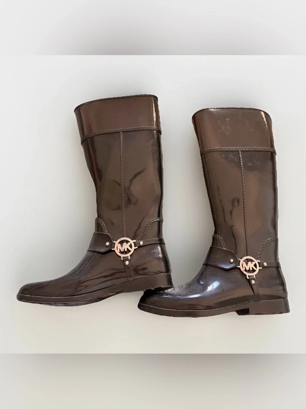 New Michael Kors Fulton Harness Rain Boots Black & Coffee Brown, Size 10!